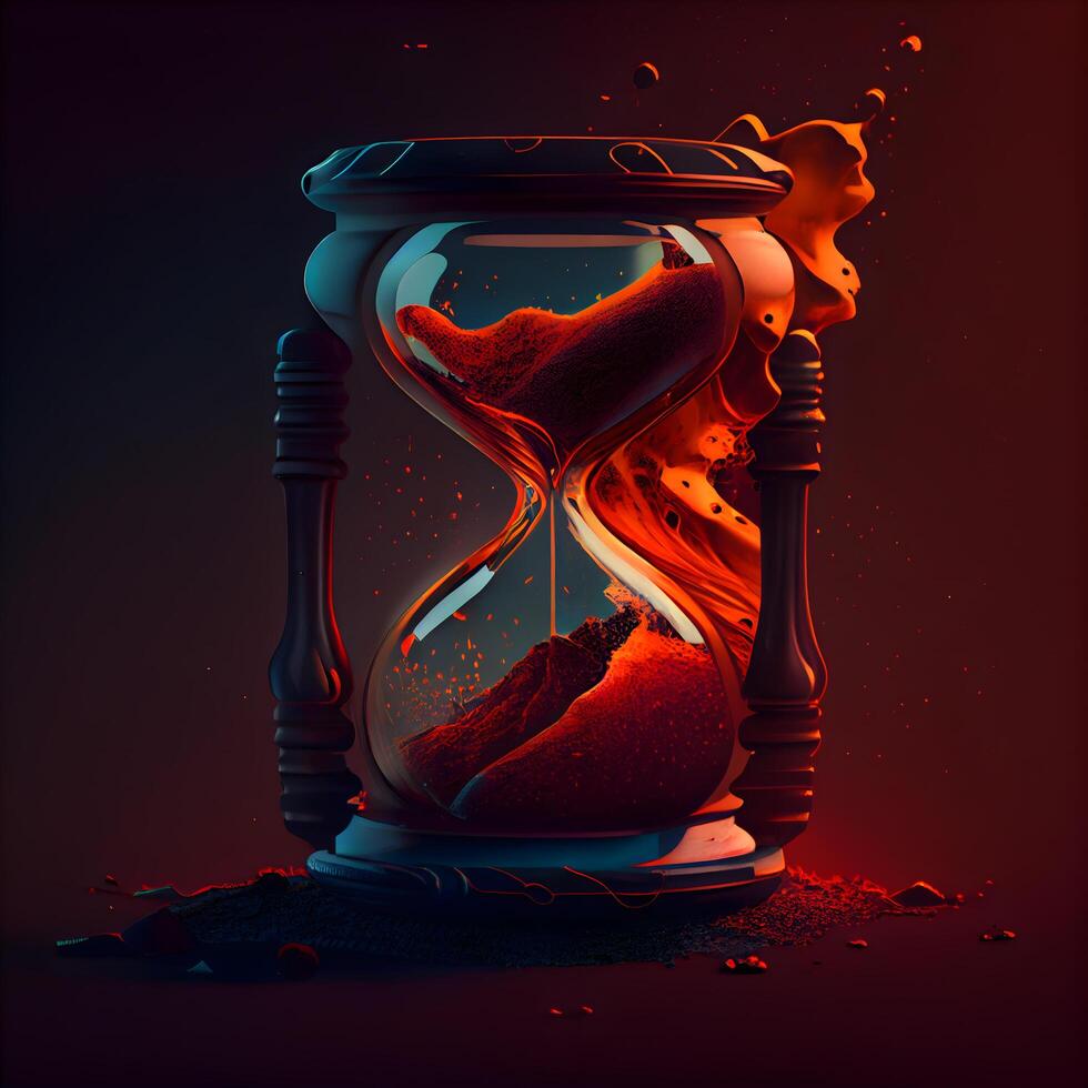 Hourglass with flowing sand on dark background. 3d illustration. photo