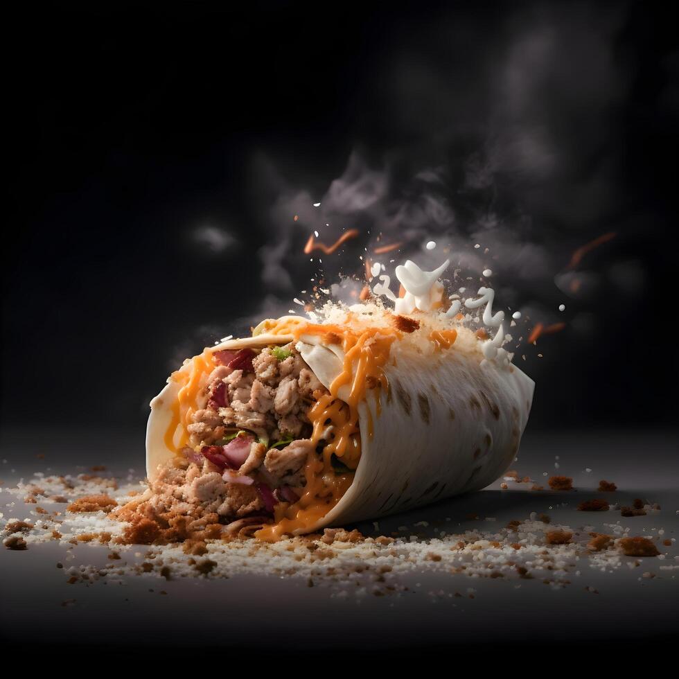 Burrito with meat, vegetables and cheese on a black background., Image photo