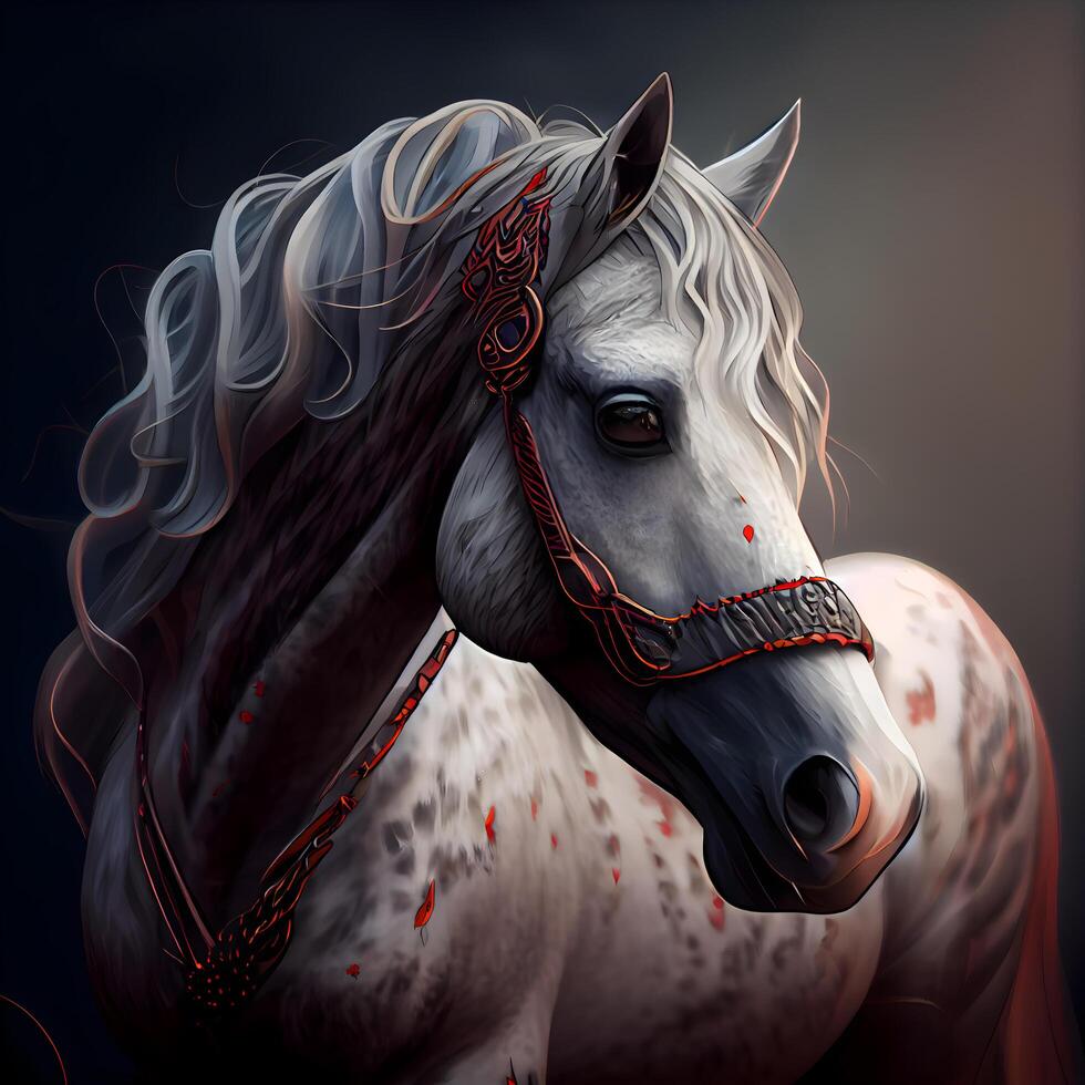 Horse head with red halter on black background, digital illustration photo