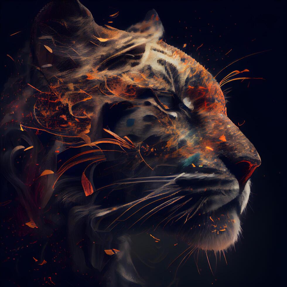 Beautiful tiger face with fire flames on black background, digital painting photo