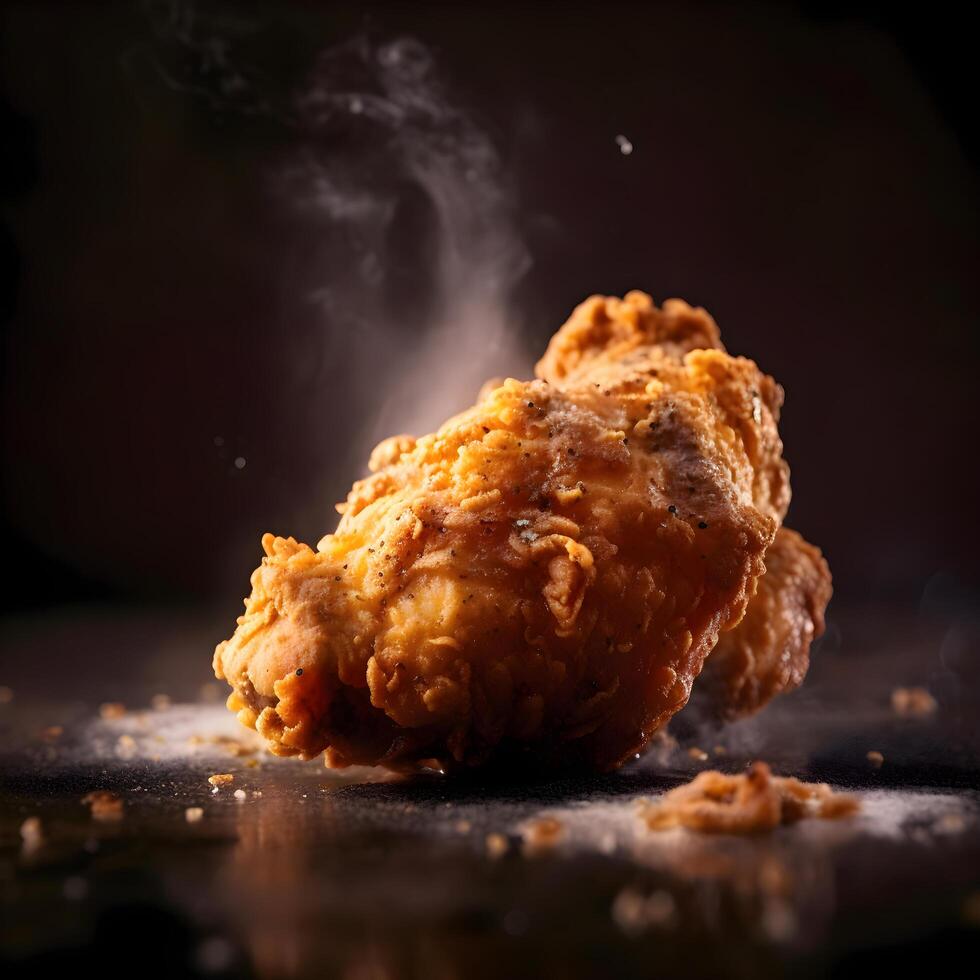 Crispy fried chicken on a black background. Toned. photo