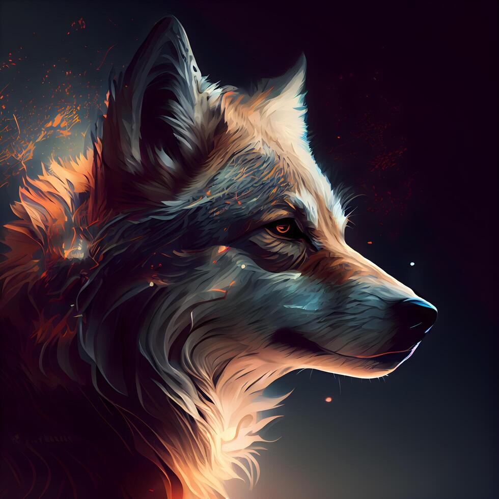 Digital painting of a wolf head in fire and smoke. illustration photo