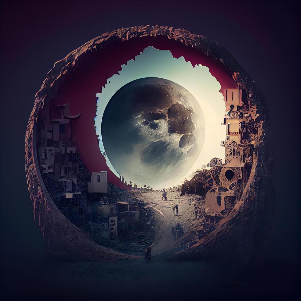 Fantasy landscape in the form of a planet with a hole in the wall photo