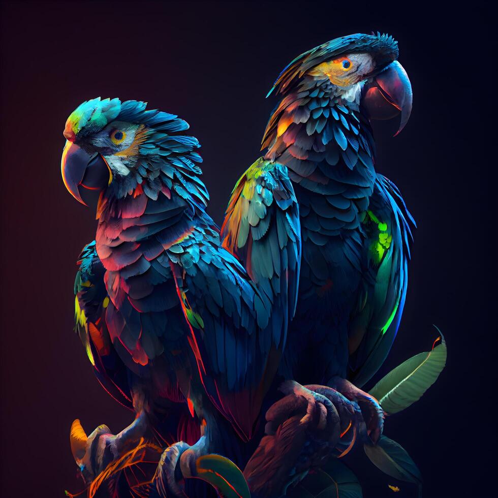 Colorful parrots on a black background. 3D illustration. photo