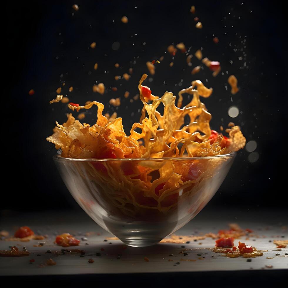 Splash of tomato juice in a glass bowl on a black background photo