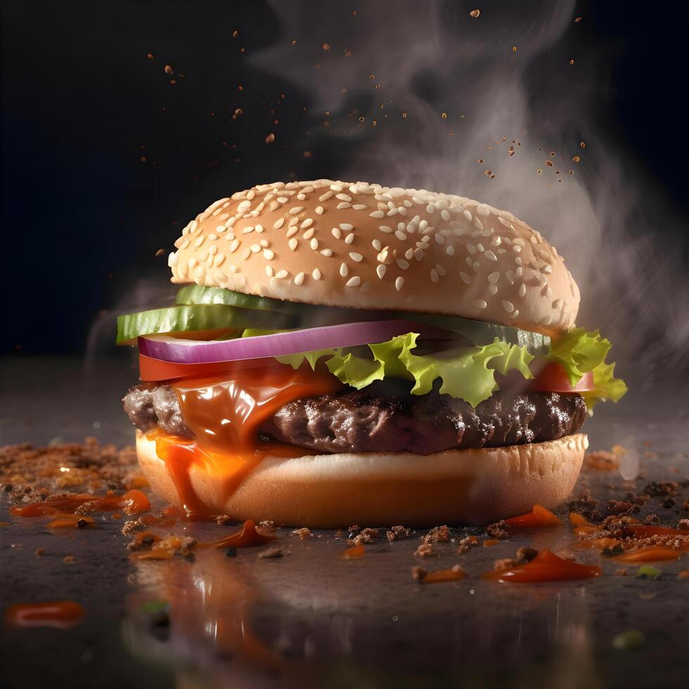 Hamburger with fire on a black background, close up photo