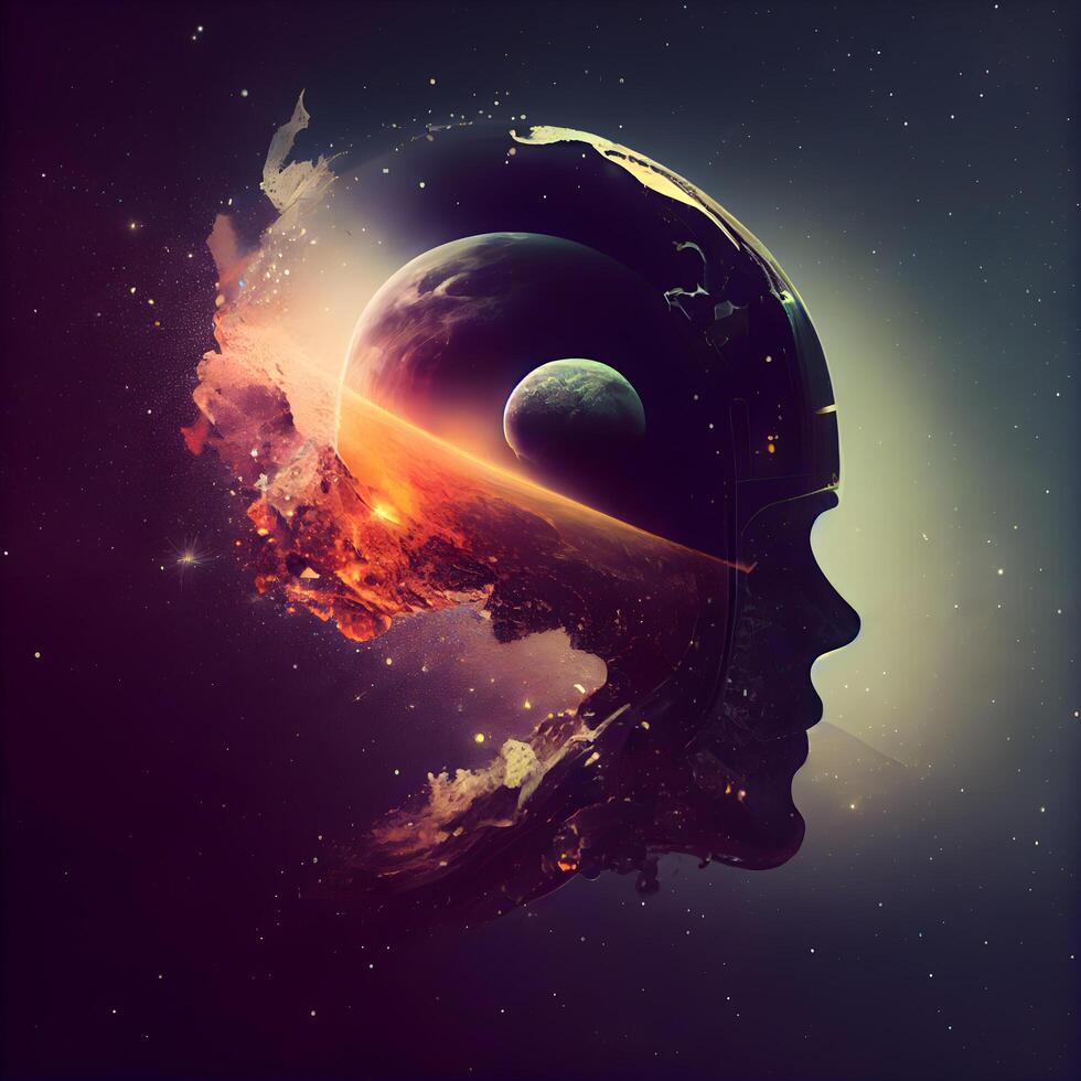 Artistic illustration of a human head in space with planets and stars photo