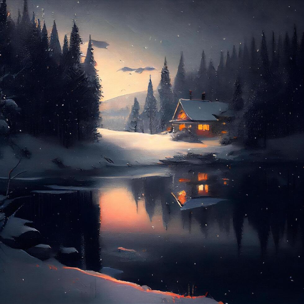 Beautiful winter landscape with a wooden house on the lake. Digital painting. photo