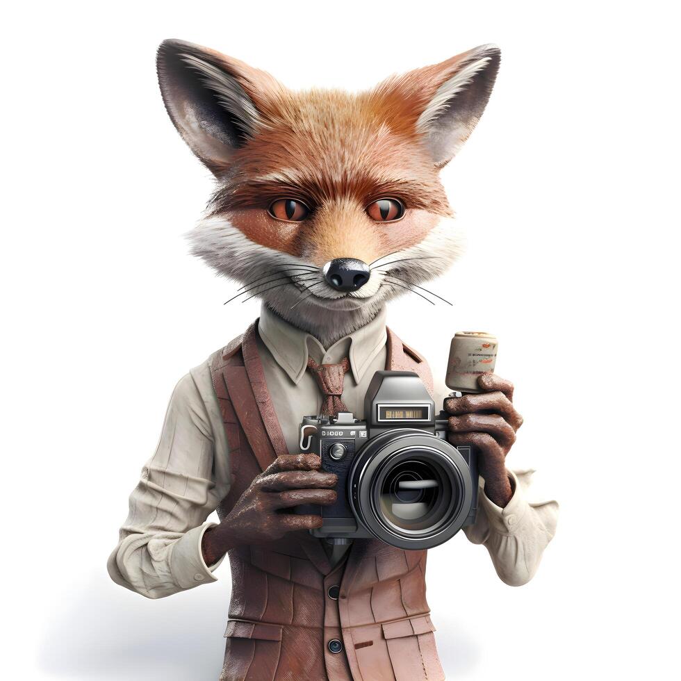 cute fox with a camera and money isolated on a white background photo