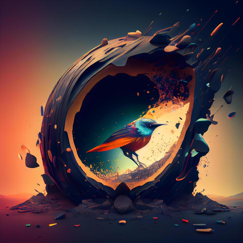 Fantasy landscape with a bird in the hole. 3D rendering photo