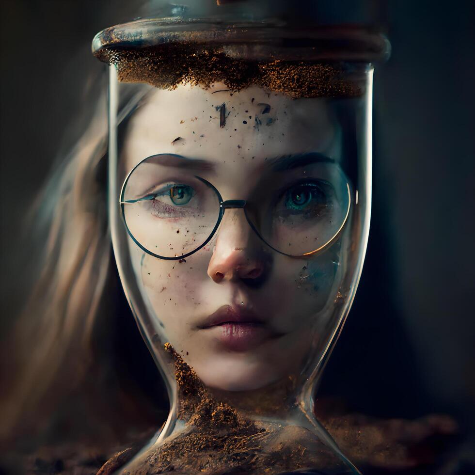Portrait of a beautiful girl in a hourglass with sand. photo