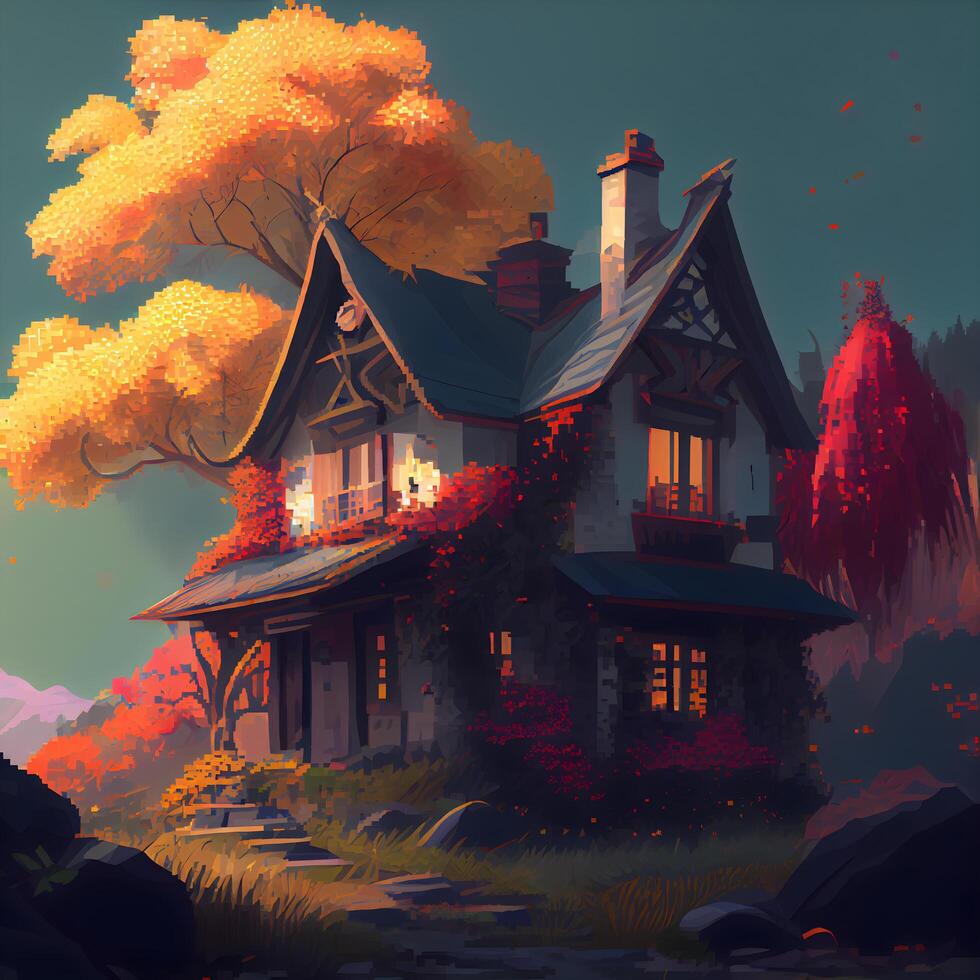 Illustration of a beautiful old house in the autumn forest. Digital painting. photo