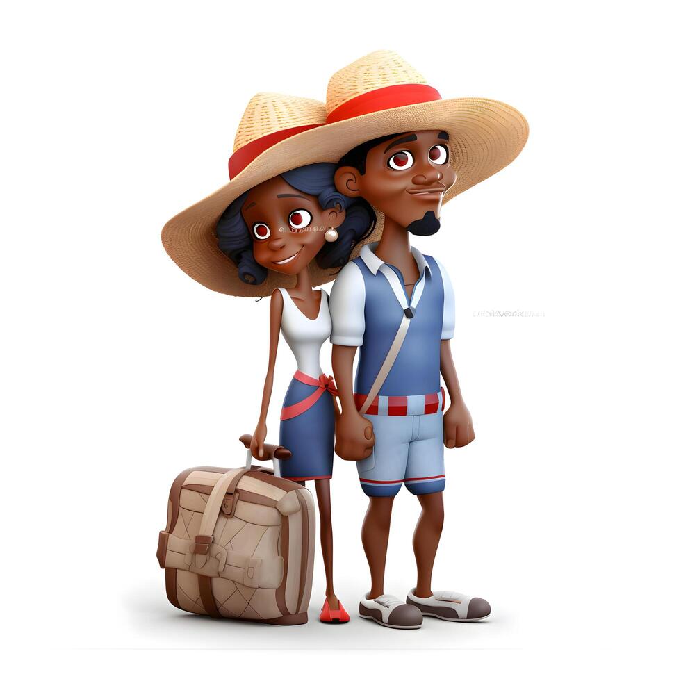 Boy and girl with a backpack and a hat on a white background photo