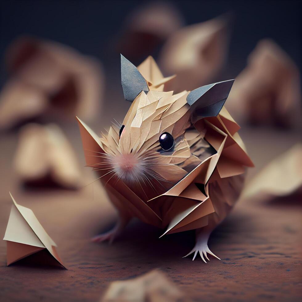 ratón origami desde papel en un de madera fondo, 3d hacer foto