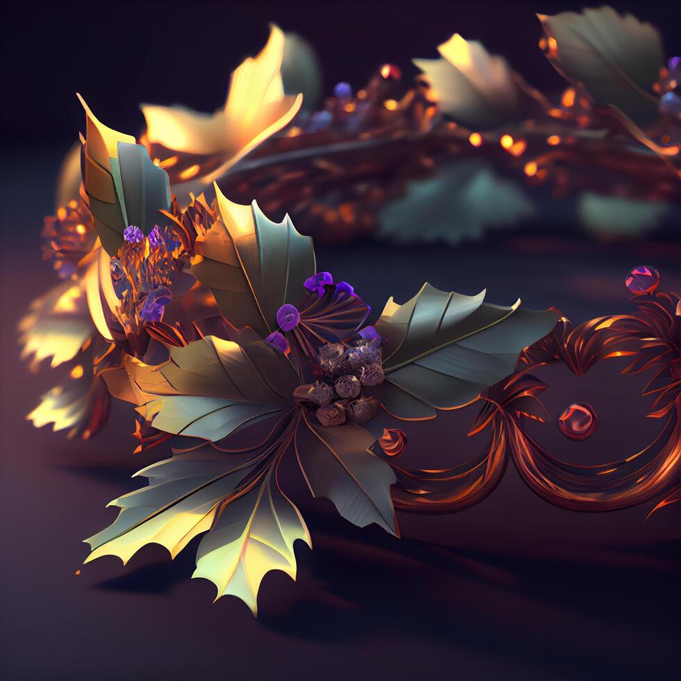 3d illustration of a golden crown with leaves on a dark background photo