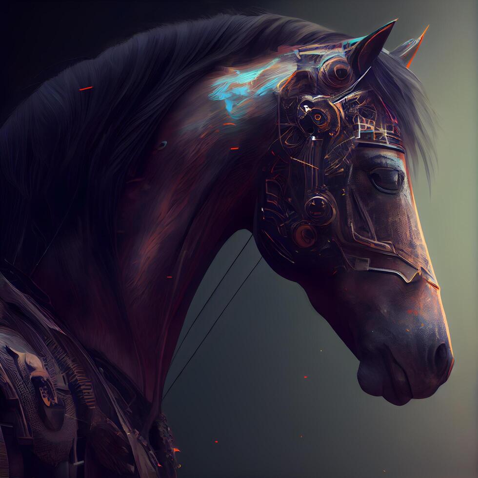 Horse head with metal gears on a dark background. 3d rendering photo