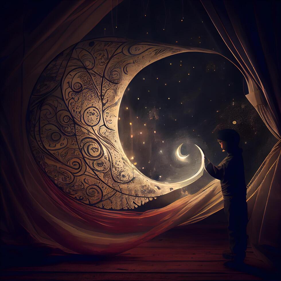 Businessman looking at the moon in the night. 3D rendering photo