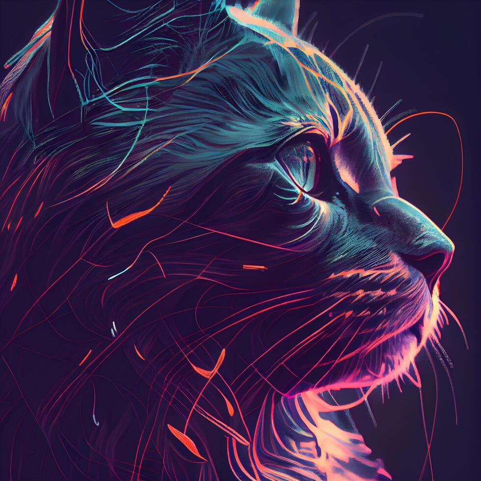 Futuristic cat portrait. 3D rendering. Neon lights. photo