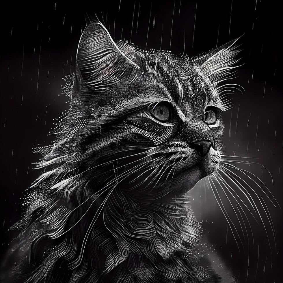 black and white drawing of a cat in the rain on a black background photo