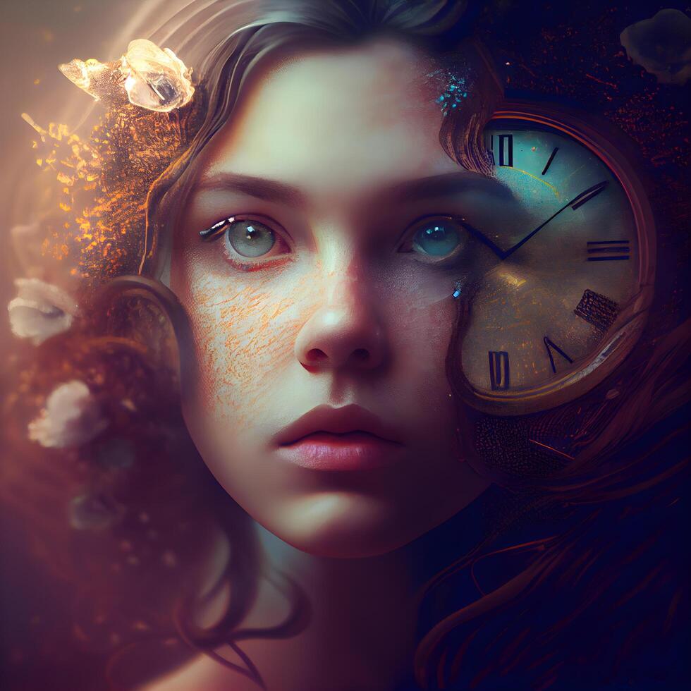 Portrait of a beautiful girl with a clock on her face. photo