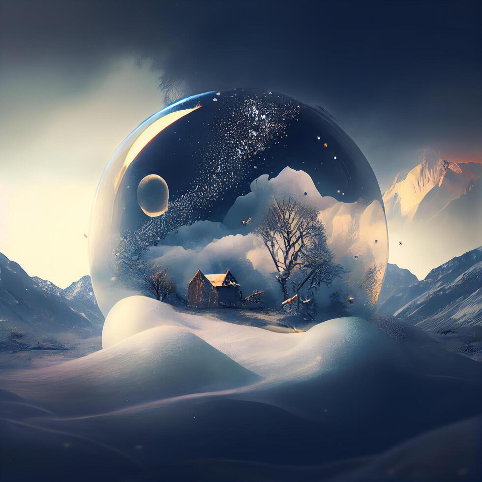 Winter landscape with snow globe and house at night, 3d render photo