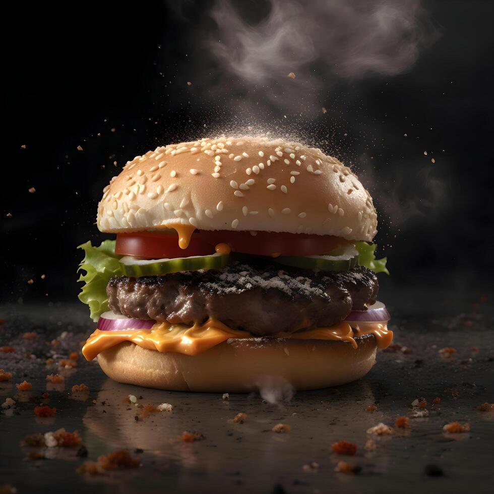 hamburguesa en un negro antecedentes con fumar. rápido alimento. foto