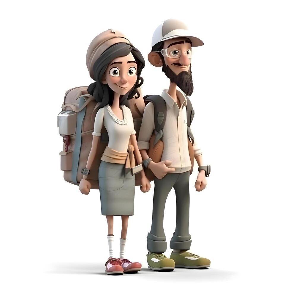 Young couple of tourists with luggage isolated on white background 3d illustration photo