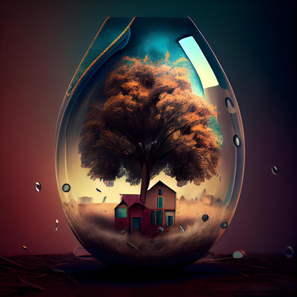Tree in a glass bottle with a house in the background. 3D rendering photo