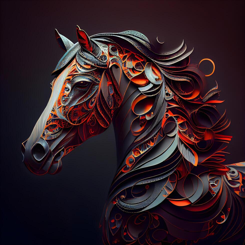 Horse head with abstract ornament on dark background. illustration. photo