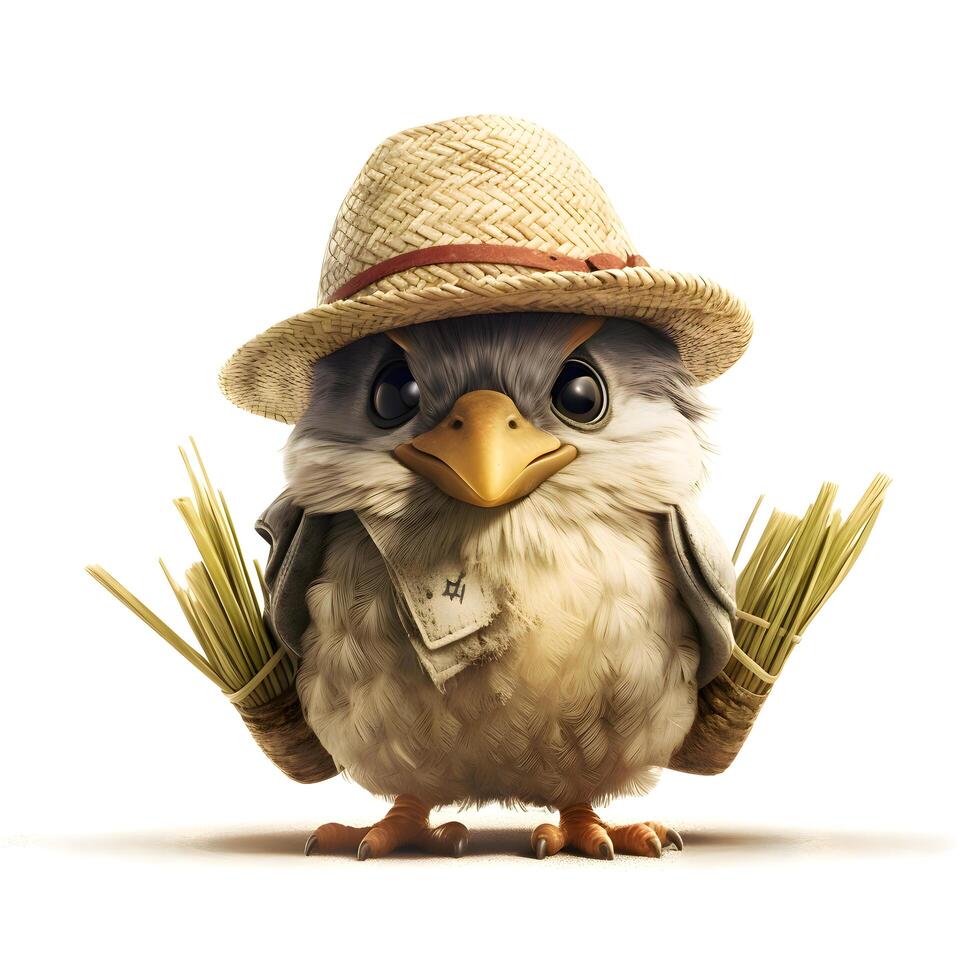 Cute little owl with a straw hat and wheat ears isolated on white background photo