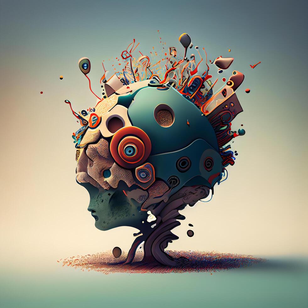 Abstract human head with gears and flowers. Artificial intelligence concept. 3D Rendering photo