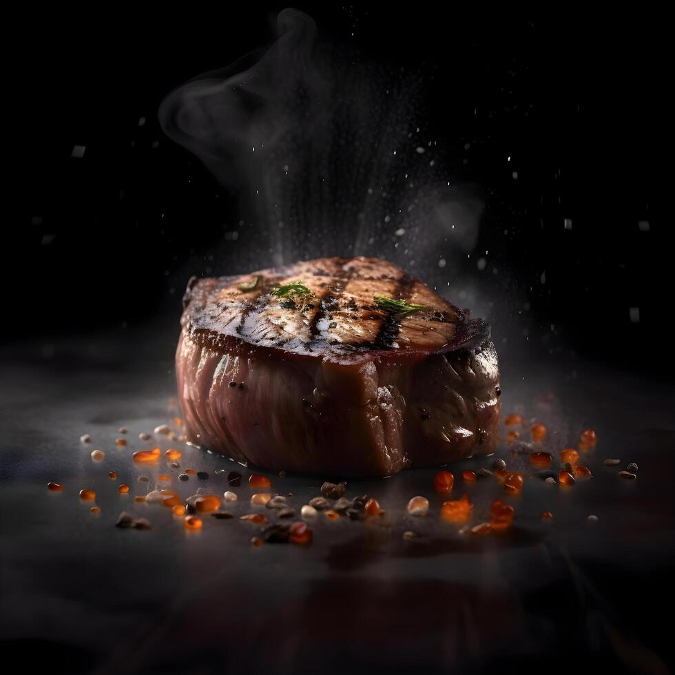 Grilled beef steak with spices and smoke on a black background. photo