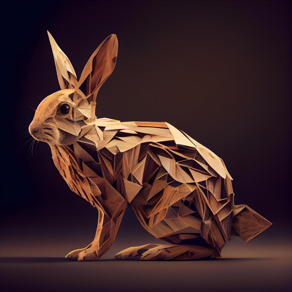 Wooden rabbit on a dark background. 3d render illustration. photo