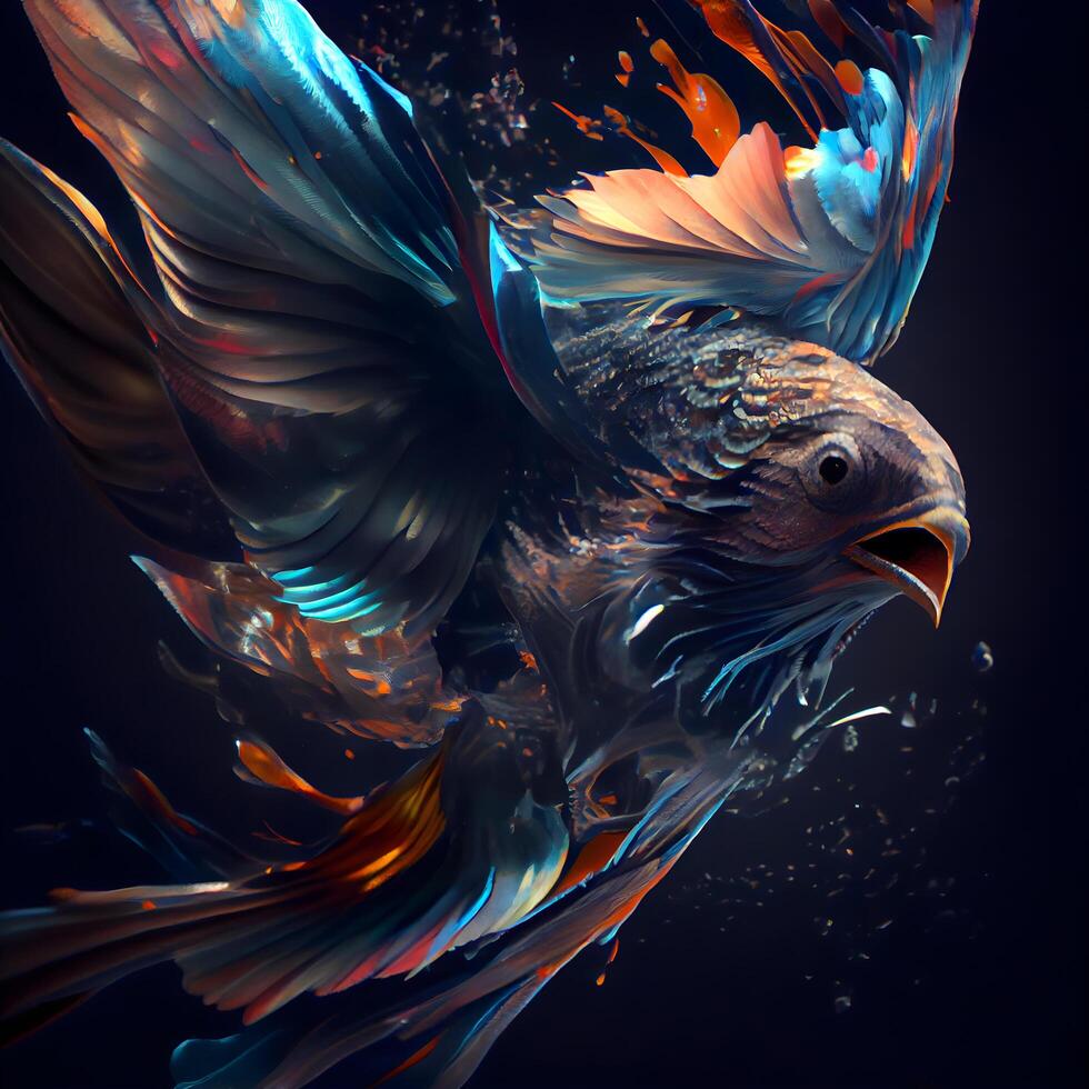 3d rendering of a goldfish in water on a black background photo