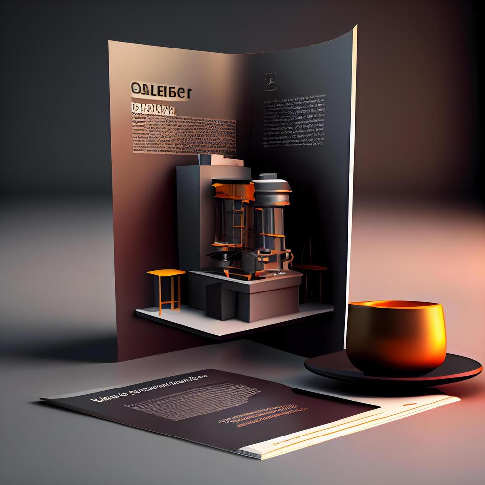 A 3d render of a book with a cup and a leaf photo