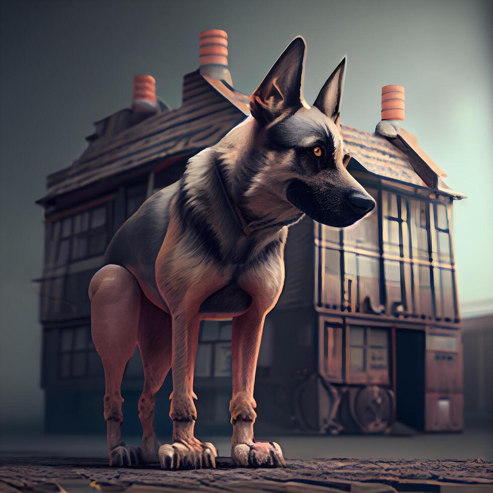 German shepherd stands in front of a wooden house. 3d rendering photo