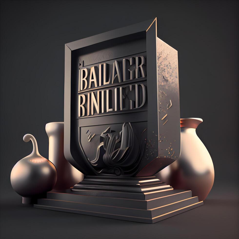 Black box with liquid gold on dark background. 3D rendering. photo