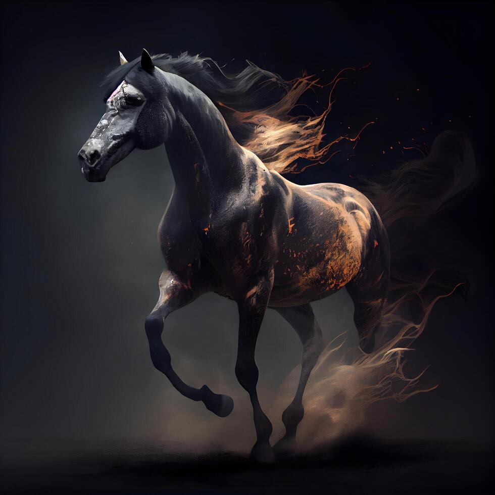 Black horse with fire effect on a dark background. 3d rendering photo