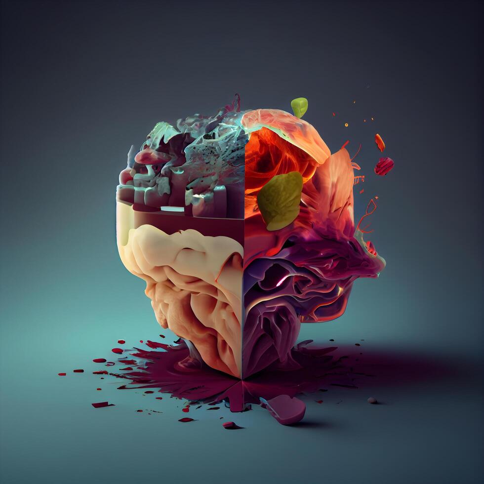 Conceptual image of human brain with colorful paint splashes. photo