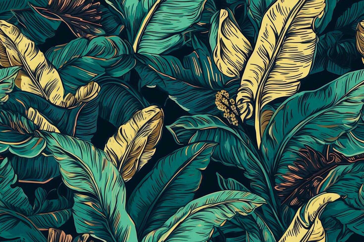 Hand-drawn tropical foliar seamless pattern. Botanic illustration. photo