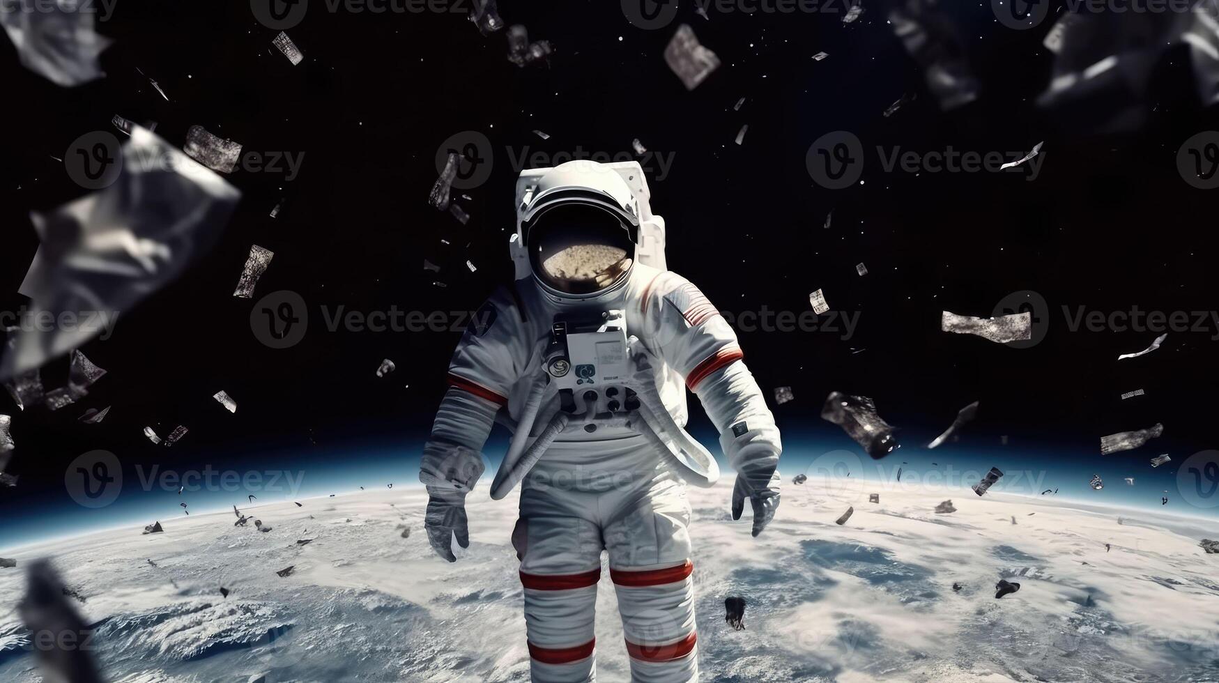 3D realistic, an astronaut in a spacesuit flies in space against the background of the planet.. Created with photo