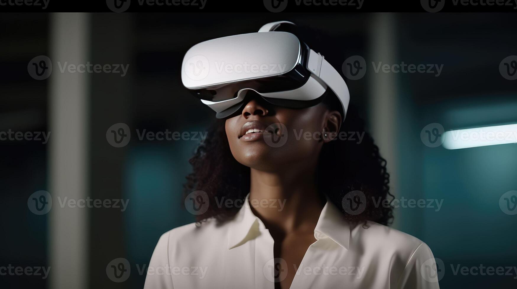 Amazed young woman touching the air during the VR experience. Horizontal studio shot.. Created with photo