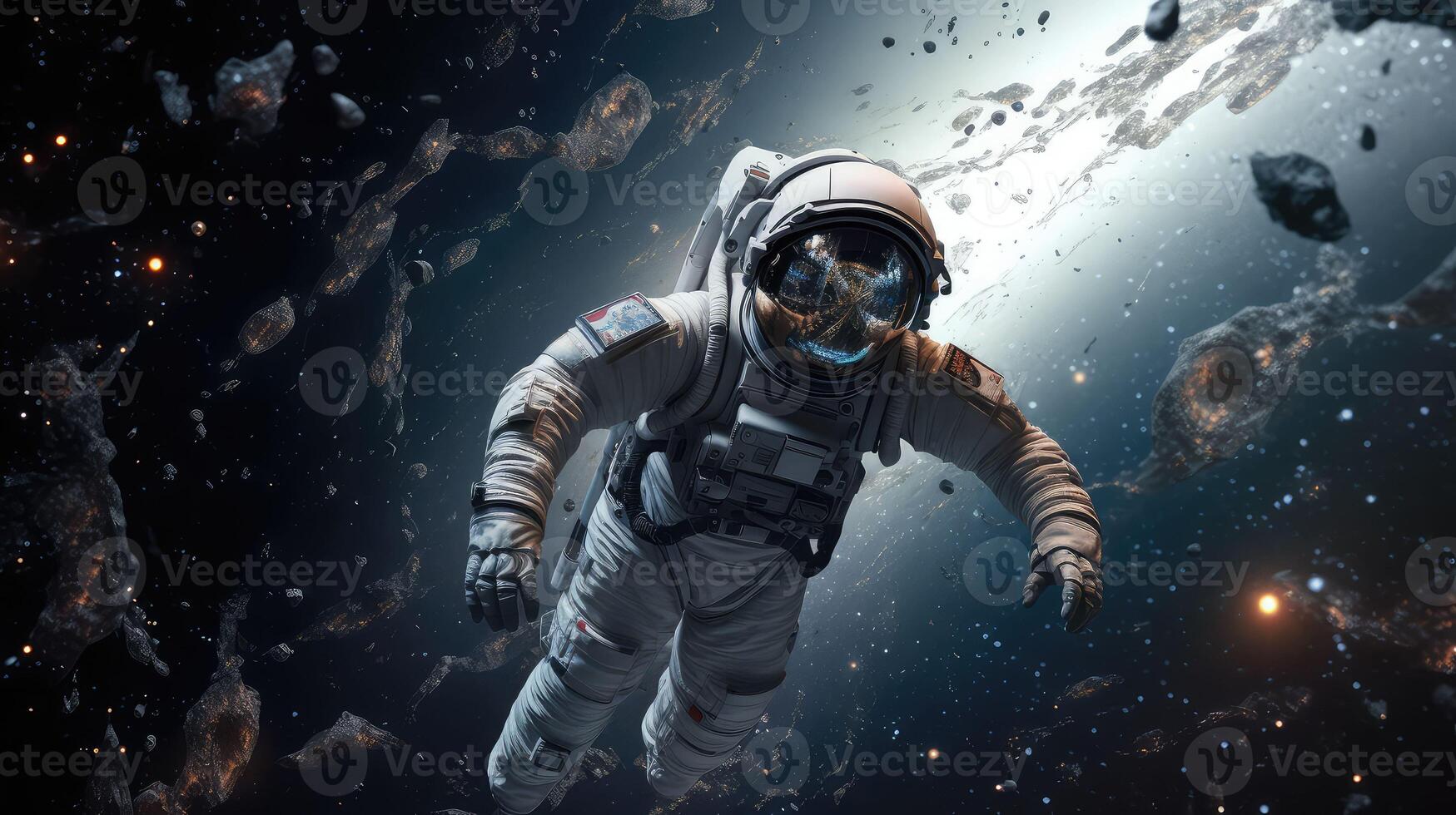 3D realistic, an astronaut in a spacesuit flies in space against the background of the planet.. Created with photo