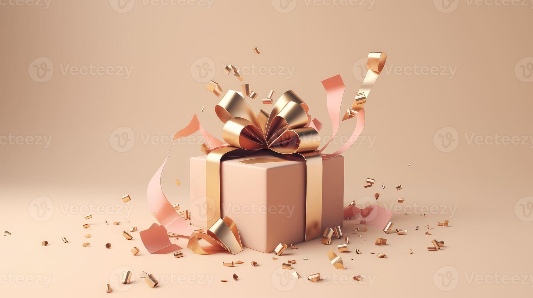 Gift box with golden ribbon on a beige background. Festive decoration of a gift, surprise..Created with photo