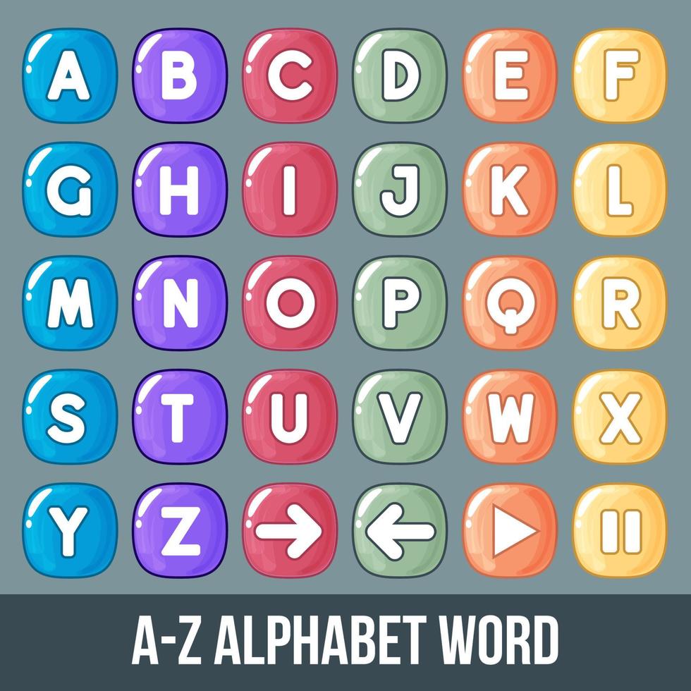 Cute Square buttons A-Z alphabet words game. Vector Illustration icon set. 2d asset for user interface GUI in mobile application or casual video game.