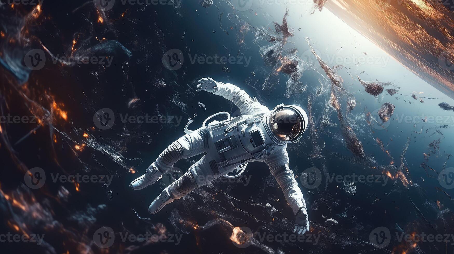 3d realista, un astronauta en un traje espacial moscas en espacio en contra el antecedentes de el planeta.. creado con generativo ai foto