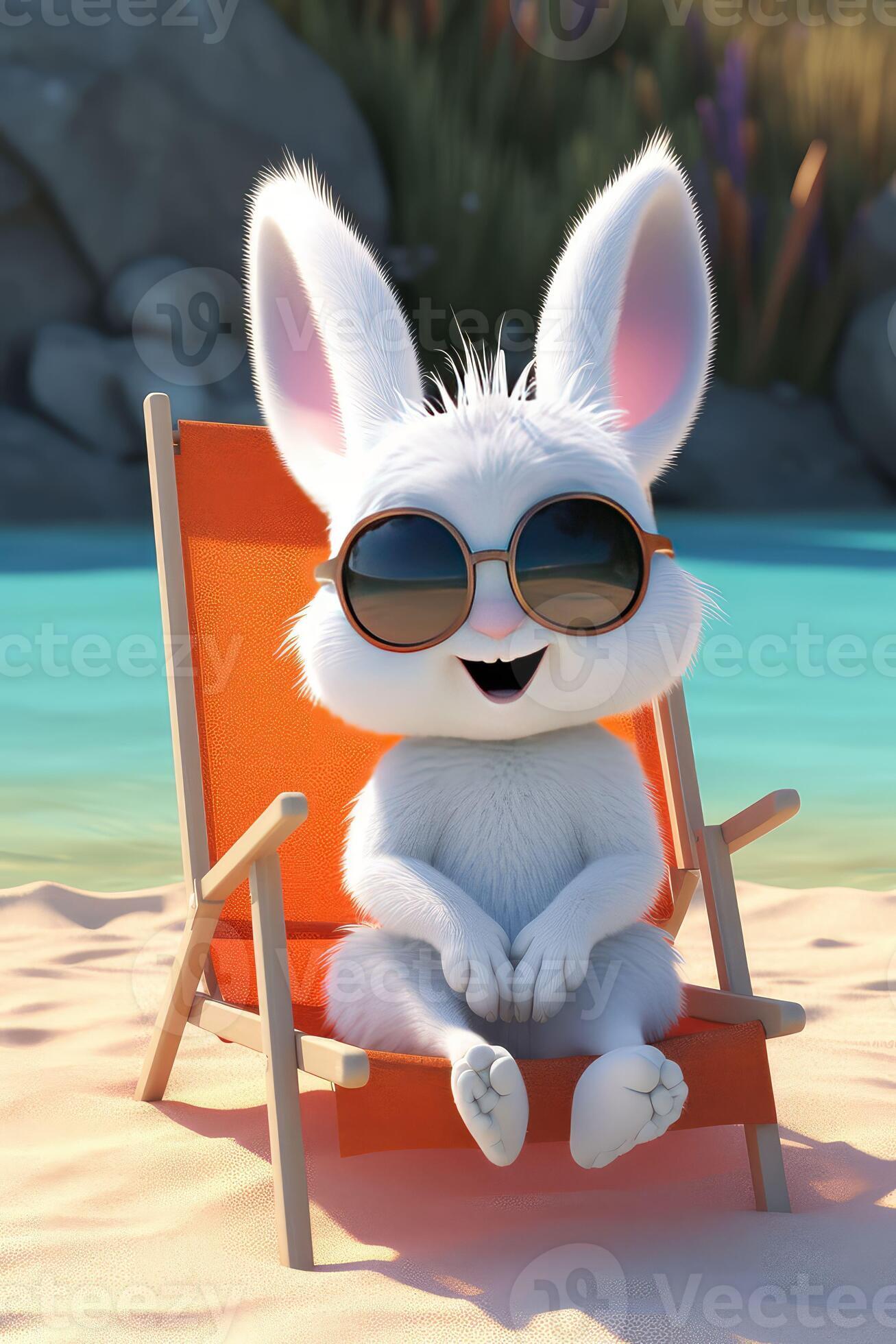 White rabbit sunbathing on the beach in black glasses.. Created with