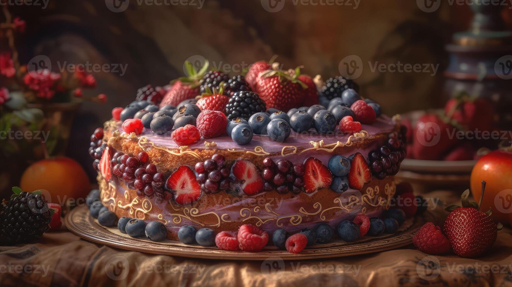 Close up. Creamy mascarpone cheese cake with strawberry and winter berries. New York Cheesecake. Close up. Christmas dessert. Healthy food. Creative atmospheric decoration.. Created with photo