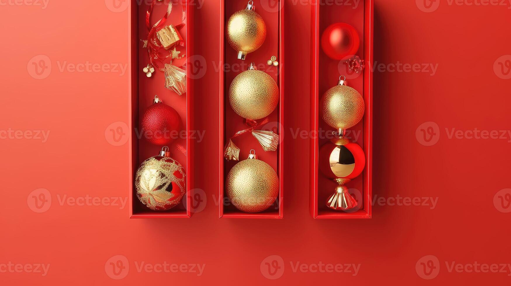 Christmas present box wrapped in red paper with golden ribbon and bow, red Christmas sparkly decorations round balls, pine cone on red paper background top view flat lay.. Created with photo