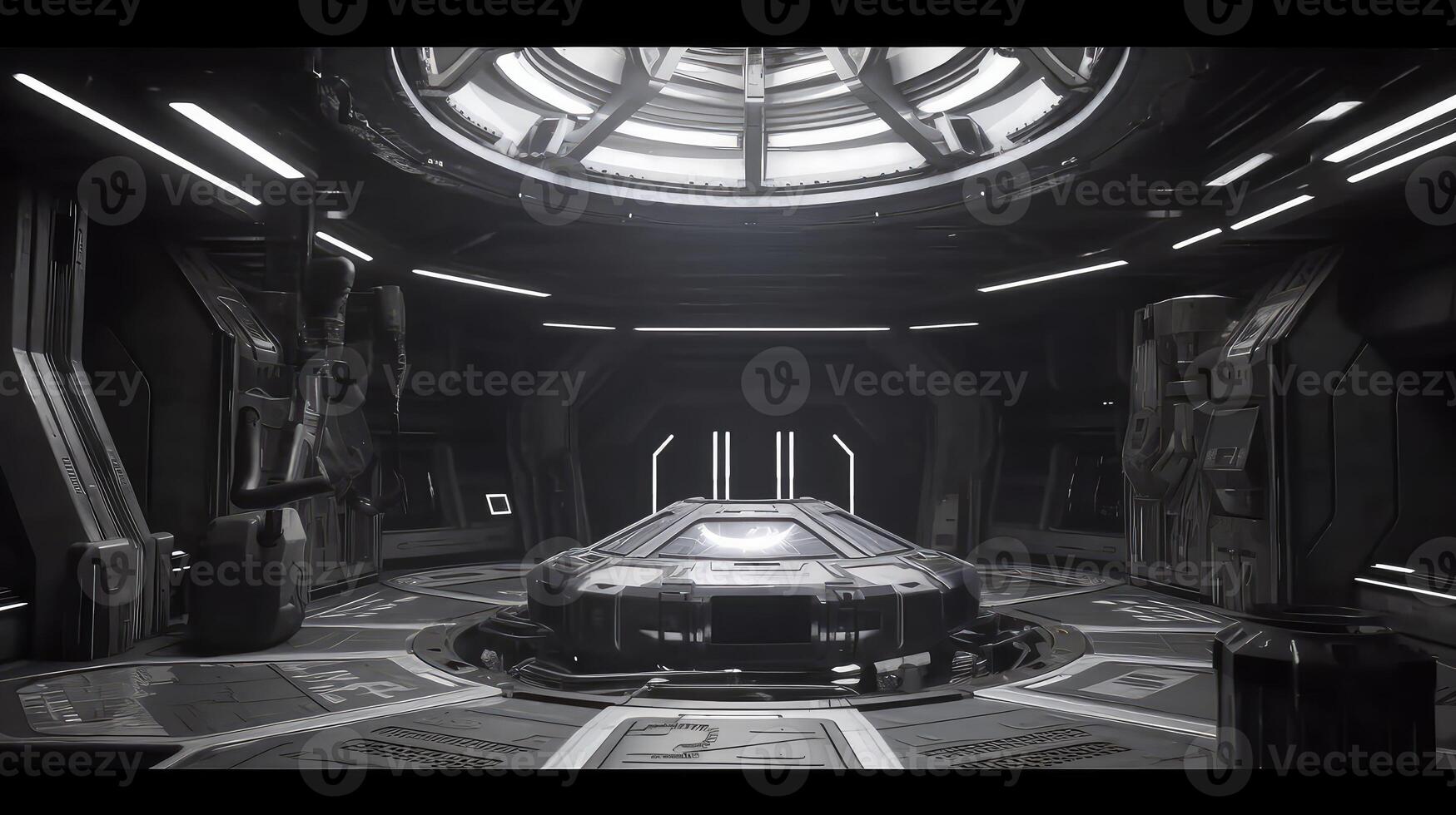 Grunge Spaceship interior with black background 3D rendering.. Created with photo